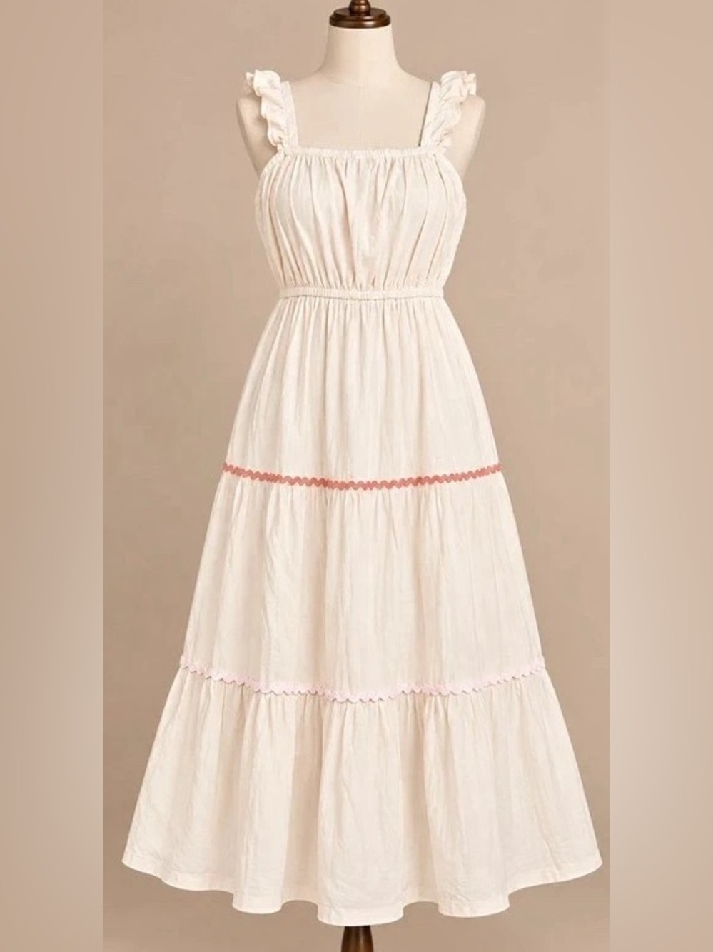 Cream Maxi Dress with Pink Trim - Women's Summer Sundress